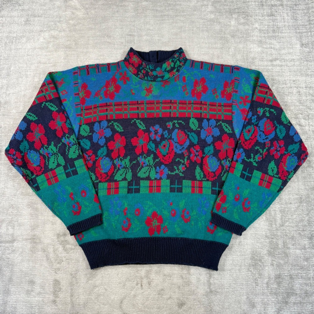 Bay Club Sweater Womens Medium Blue Vintage Mock Neck Floral Knit Pullover